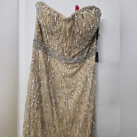 NWT Lara Dresses 29035 Champagne Pearl Strapless Beaded Evening Gown Sz 4 - Picture 3 of 13